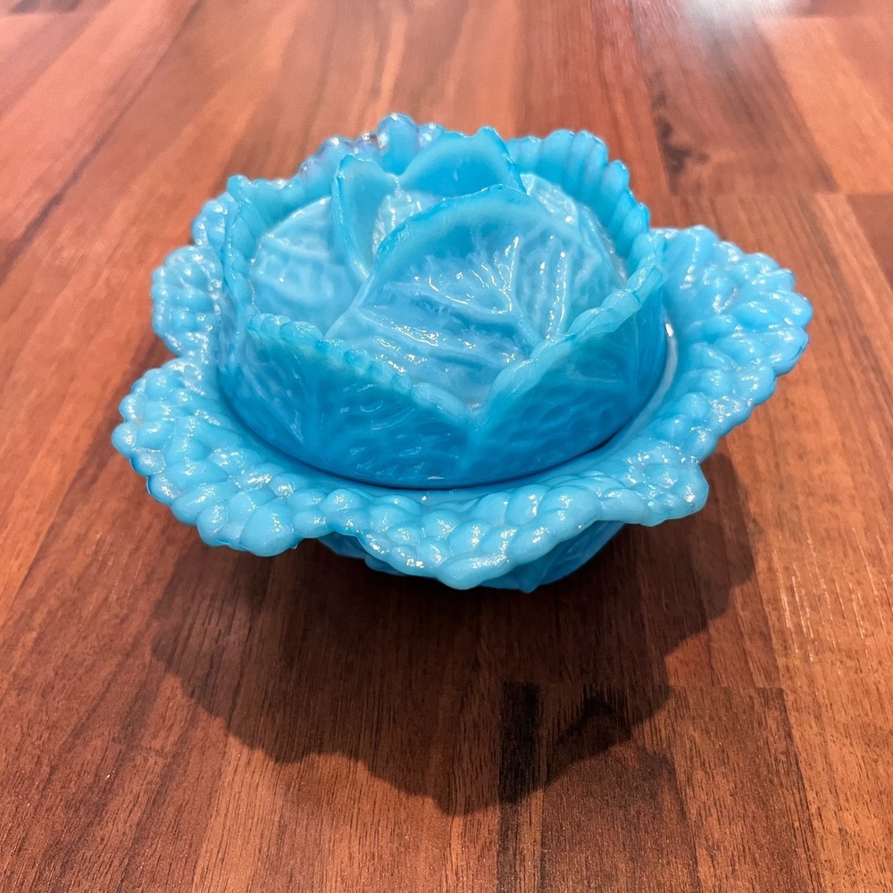 French Opaline Glass Blue Cabbage Leaf Covered Dish Portieux Vallerysthal